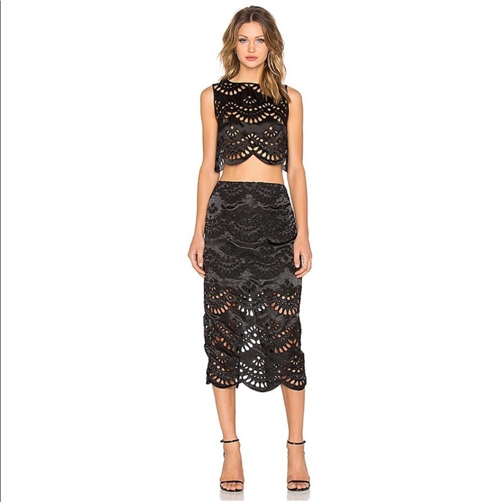 Keepsake the Label Black Lace Overlay Laser Cut Midi Skirt Size Small NEW